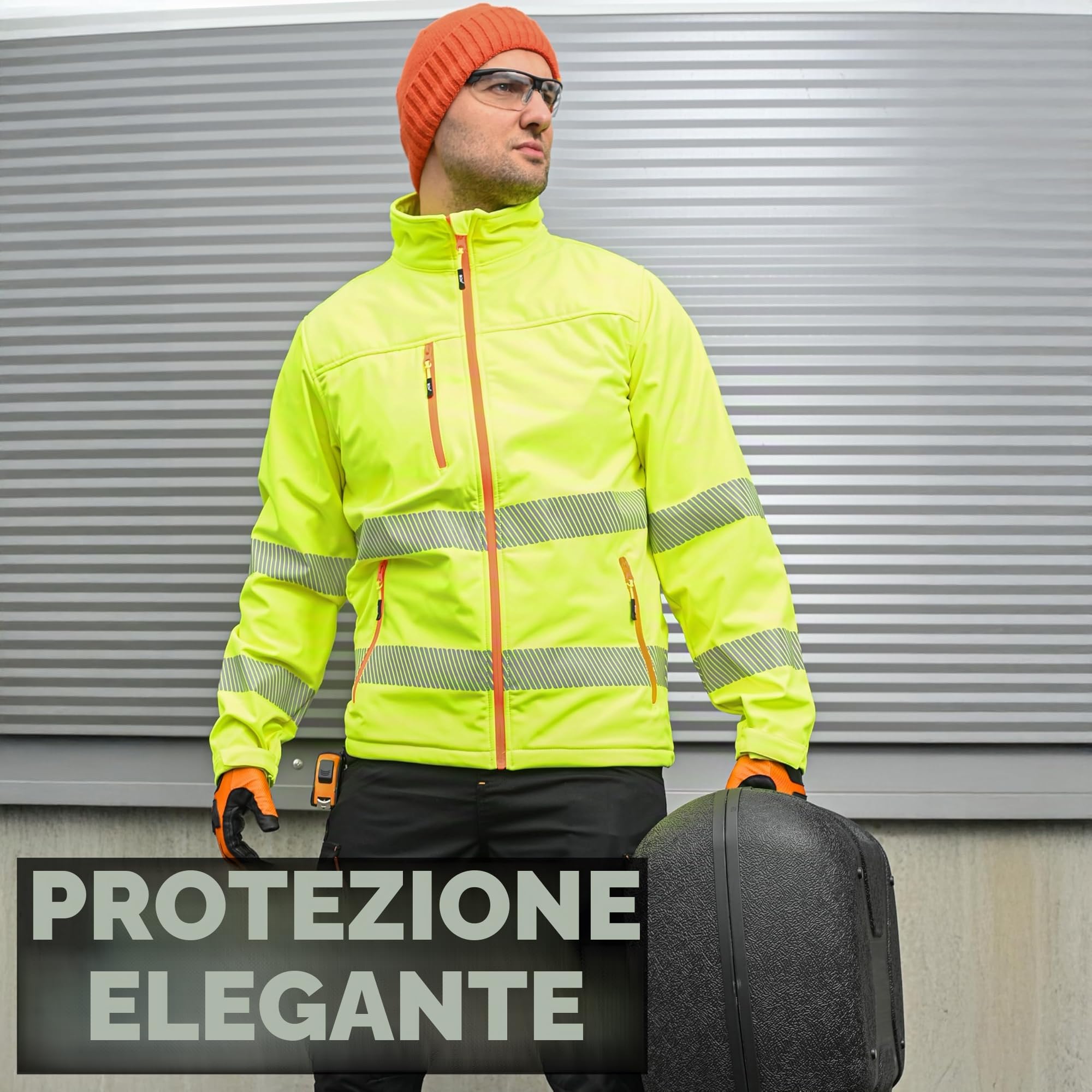 ACE Neon Lite Giacca ad alta visibilità - giacca softshell di segnalazione con catarifrangenti e cappuccio staccabile - EN ISO 20471