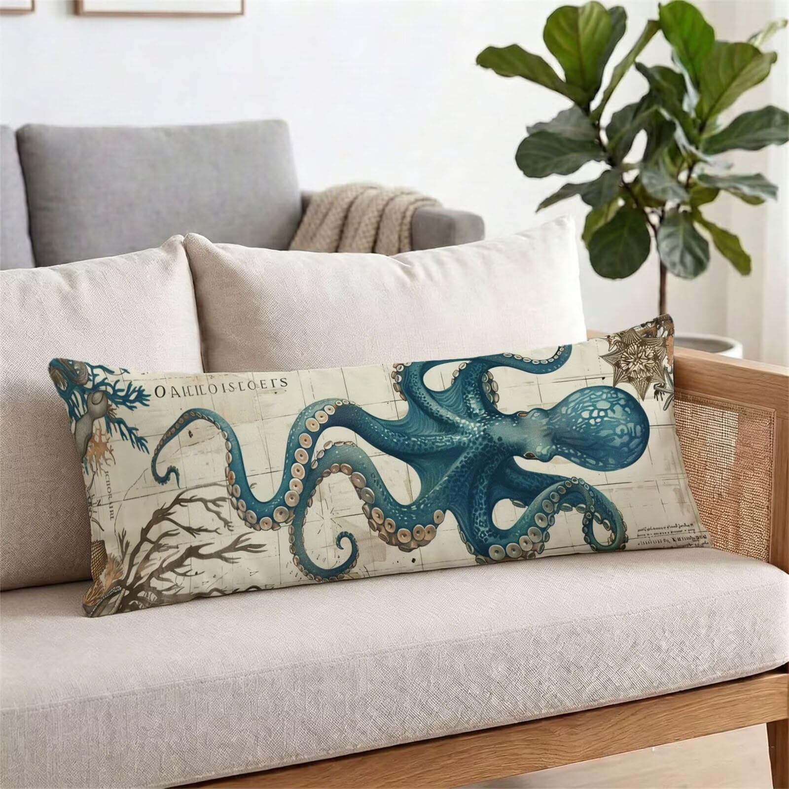 Funda de Almohada 60 x 180 cm Azul Protector Almohada 180 cm con Cremallera Invisible, Terciopelo Suave y Transpirable Pillow Case Pulpo Impresión a Doble Cara para Cama, Sofá y Dormitorio dg-458