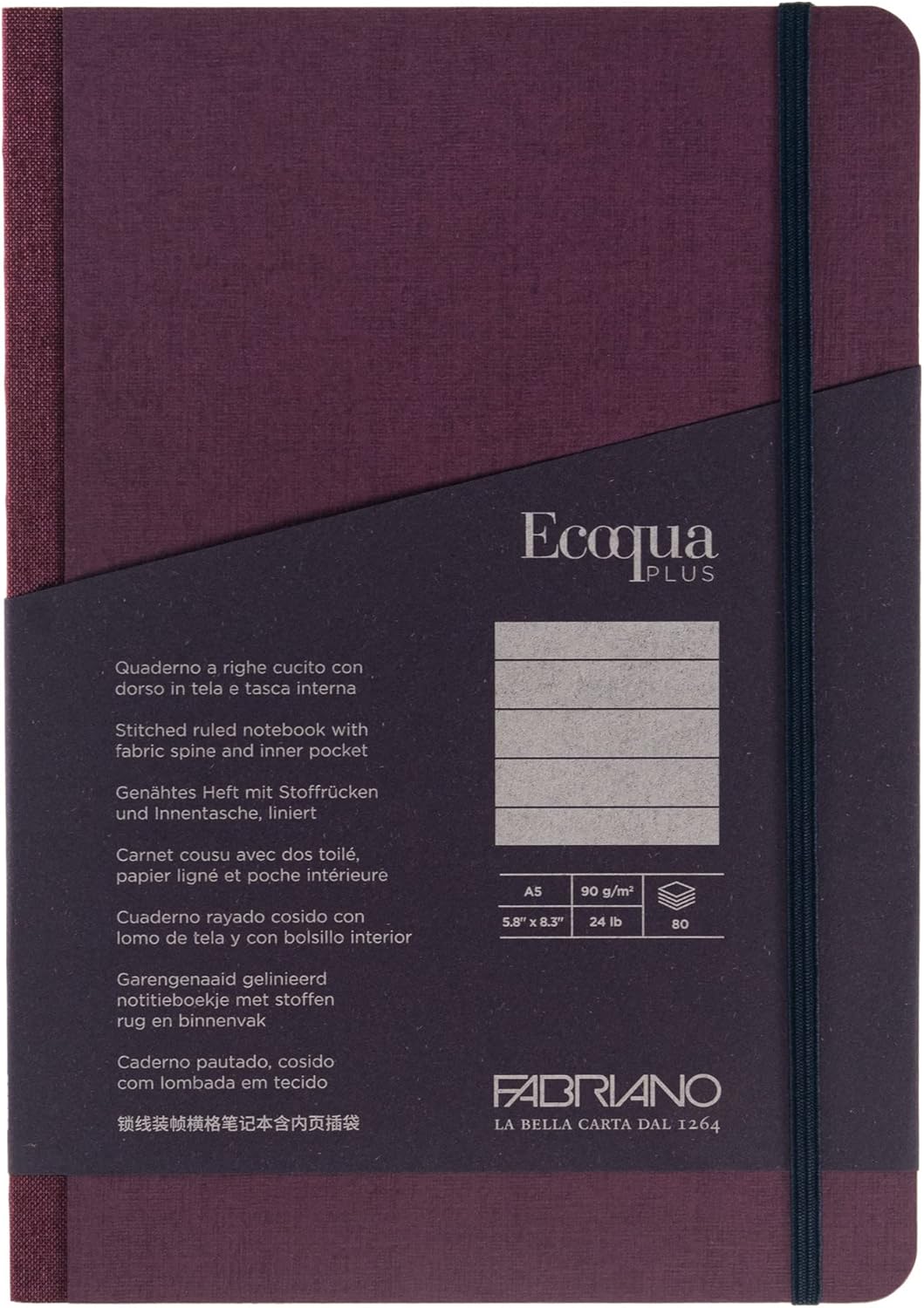 Fabriano Ecoqua Plus Fabric-Bound Notebook, 5.8" x 8.3", A5, Lined, Wine
