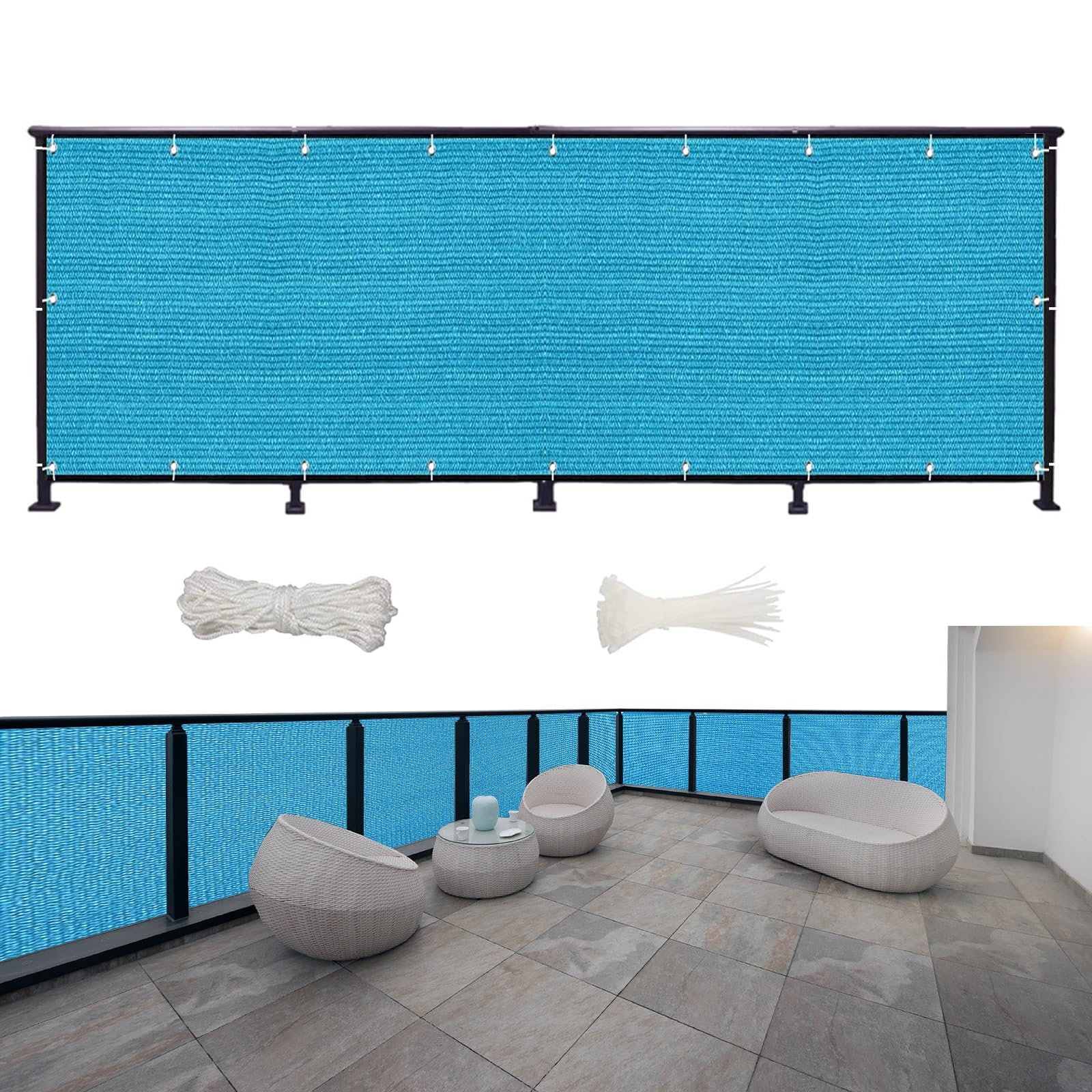 GJZQDKX Sky Blue Balcony 950 x 170 cm Opaque UV & Wind Protection Cladding with Cable Ties for Camping & Swimming Pool Use