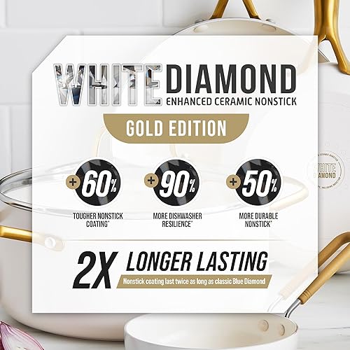 Miniatura 10 de Blue Diamond - Sartén de 12 pulgadas de cerámica antiadherente, sin PFAS, apto para estufas de inducción, horno y lavavajillas, mango dorado, color