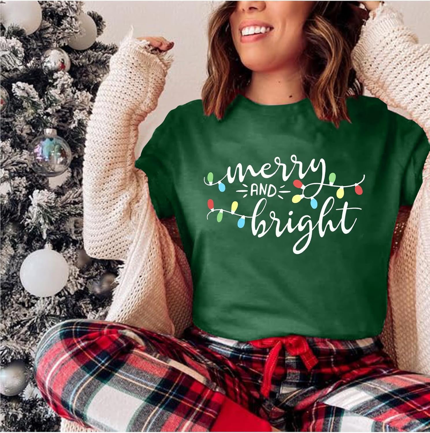 Christmas Shirt Merry and Bright Christmas Lights T-Shirts Women Xmas Lights Graphic Shirts Merry Christmas Holiday Top - Image 4