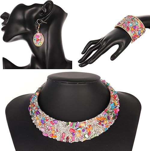 Miniatura 3 de 3 unids collar de diamantes de imitación de piedra de colores conjuntos de collar de metal dorado para mujeres babero gargantillas collares collares