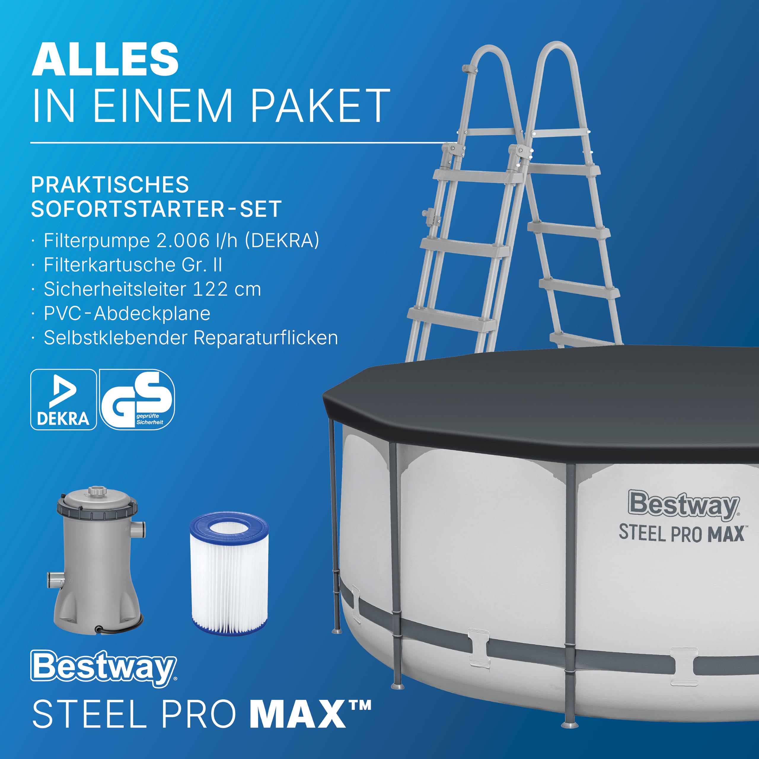 Bestway Aufstellpool rund 366x122 cm Komplett-Set mit Filterpumpe 10.250 L TriTech-Material Kieselmosaik-Optik