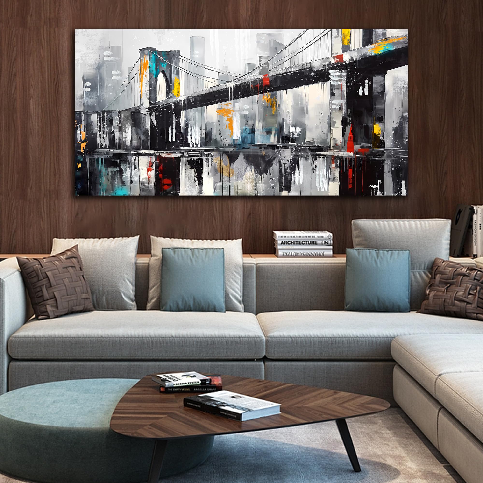 CANEITO New York Wall Art for Living Room, Abstract City Canvas Wall Art Decor for Bedroom, Vintage Brooklyn Bridge Landscape Watercolor Pictures, Size 60 x 30 Inch