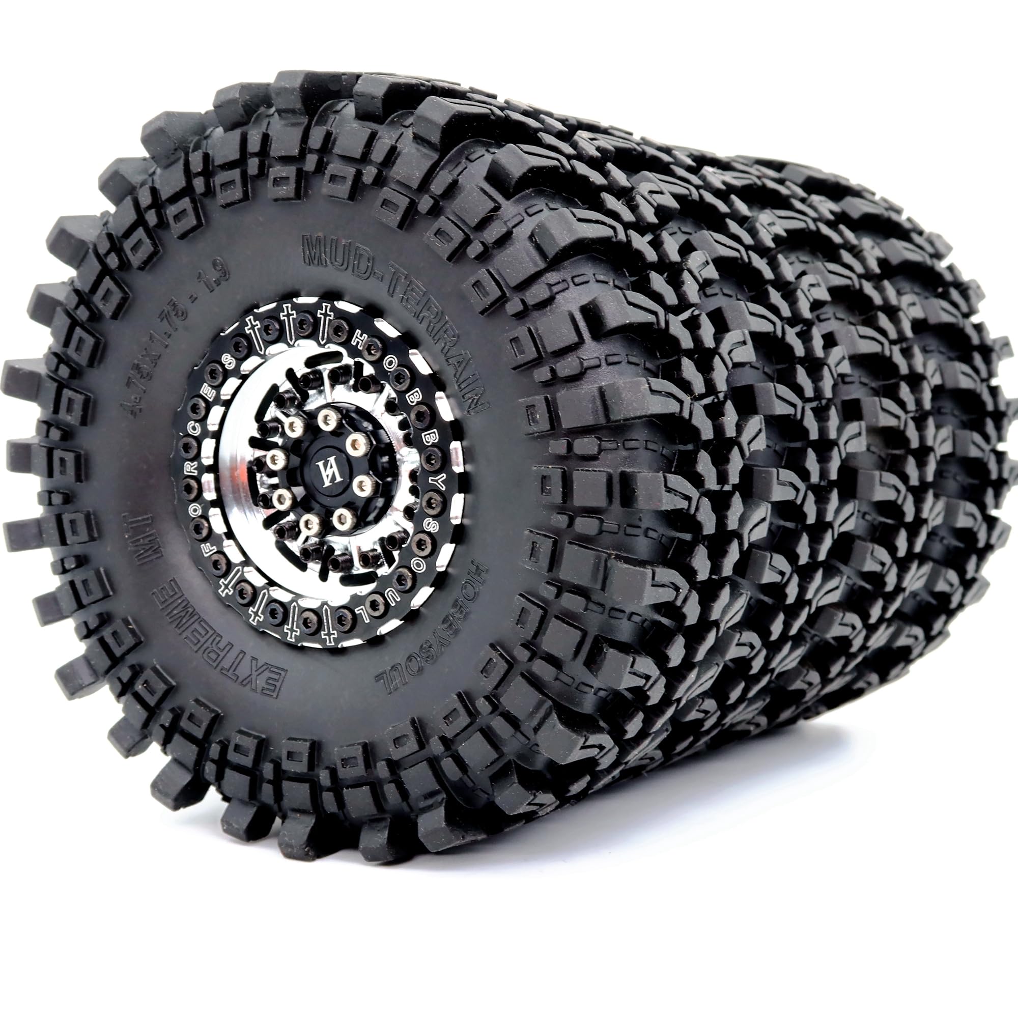hobbysoul 121mm Tall RC 1.9 Tyres Soft Sticky tires & 1.9 Metal Beadlock Wheels Silver Black, 1.9 wheels and tires Tyres For 1/10 Mud Crawler SCX10 TRX4 Gen8, (4-Pack)