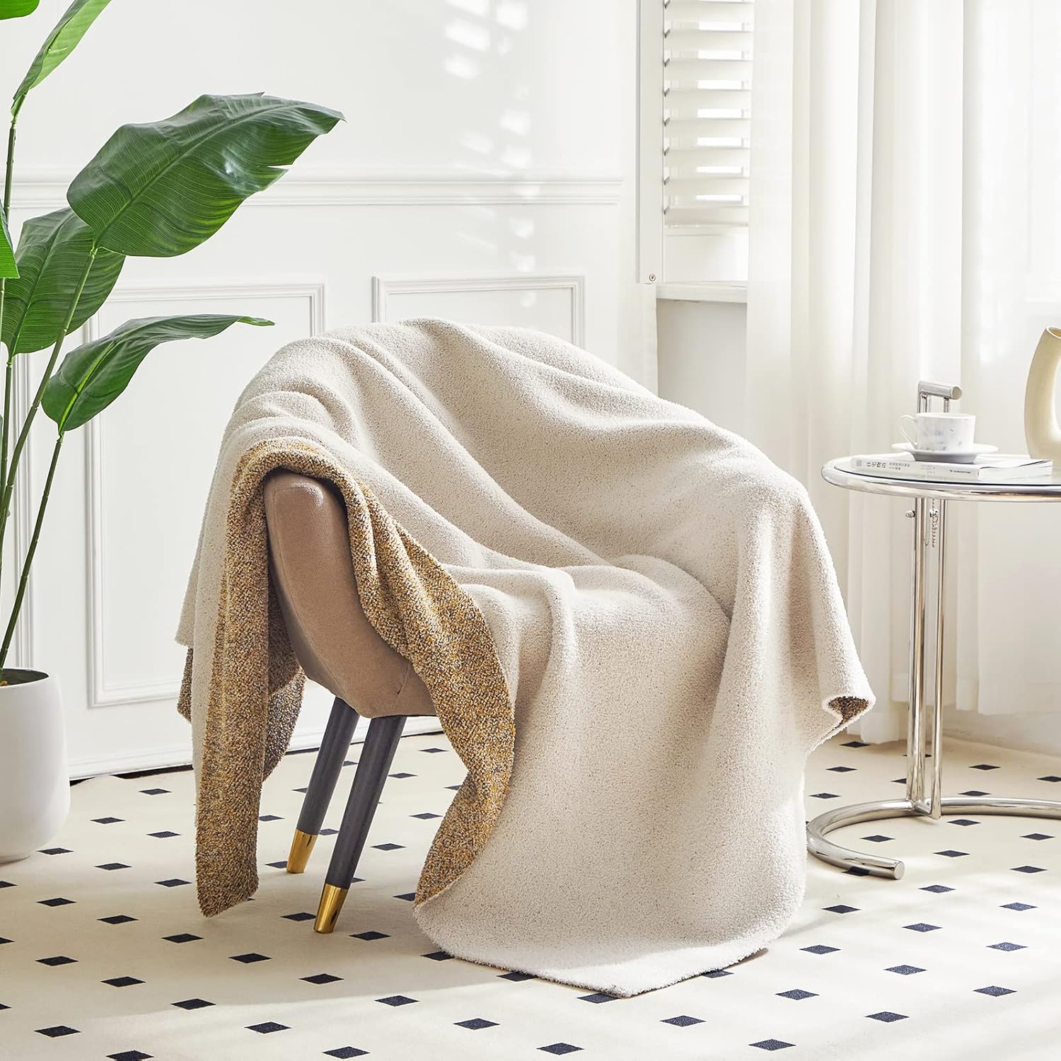 Cream Knit Throw Blanket for Couch Sofa Bed or Mattress, Reversible NonShedding