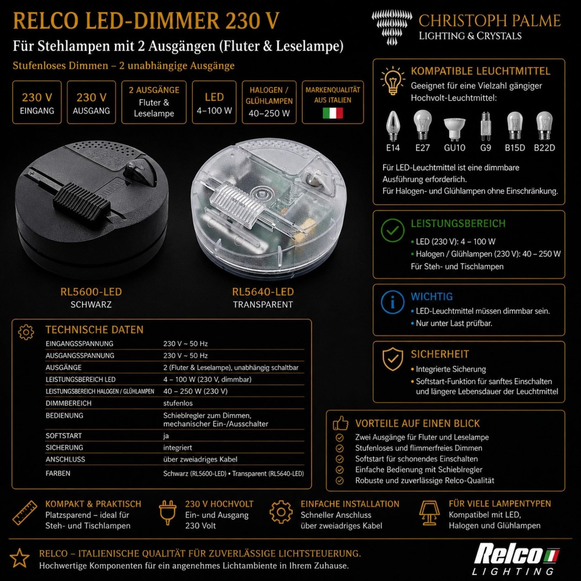 Relco LED Fußdimmer RL5600 RS5600 Schwarz 230 V 4–100 W LED 40–250 W Halogen mit 2 Ausgängen für Stehlampen Deckenfluter und Leselampen