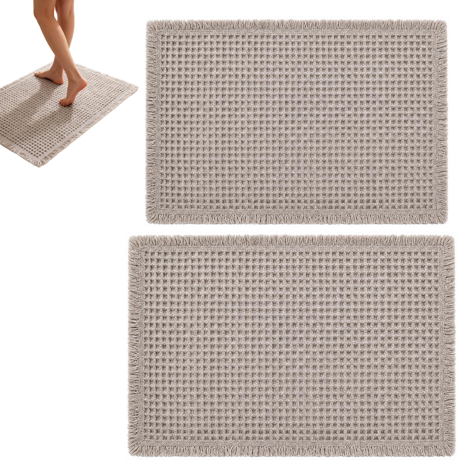 MIUUIPI Badteppich Set 2 Teilig, Boho Badezimmerteppich Waffeloptik, rutschfeste Badematte Waschbar, Weicher Duschvorleger für Bad Dusche Waschbecken, 46 x 77 cm + 43 x 61 cm (Hellgrau)