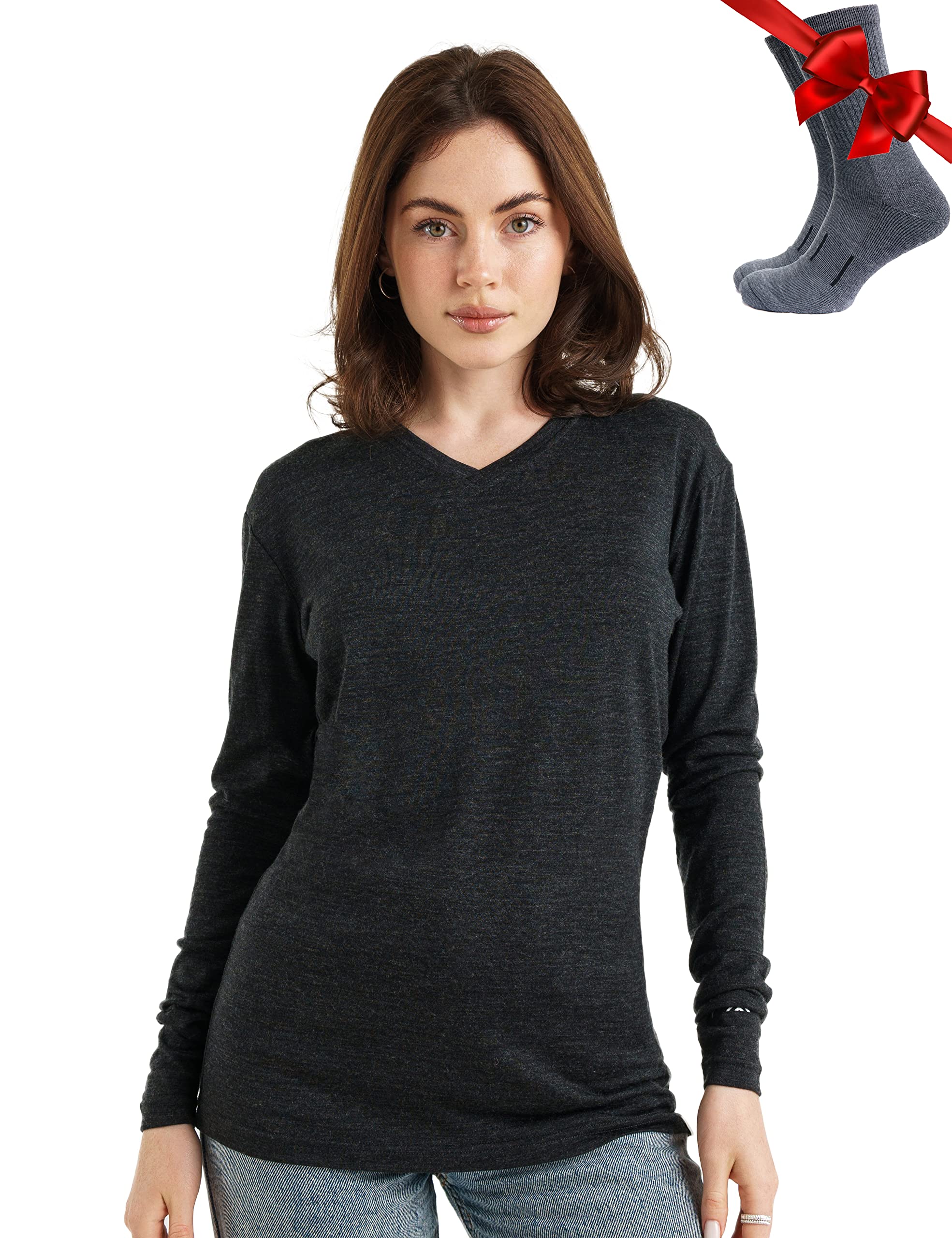 Merino Wool Base Layer Women 100% Merino Wool Lightweight, Midweight Long Sleeve Thermal Shirts + Wool Socks
