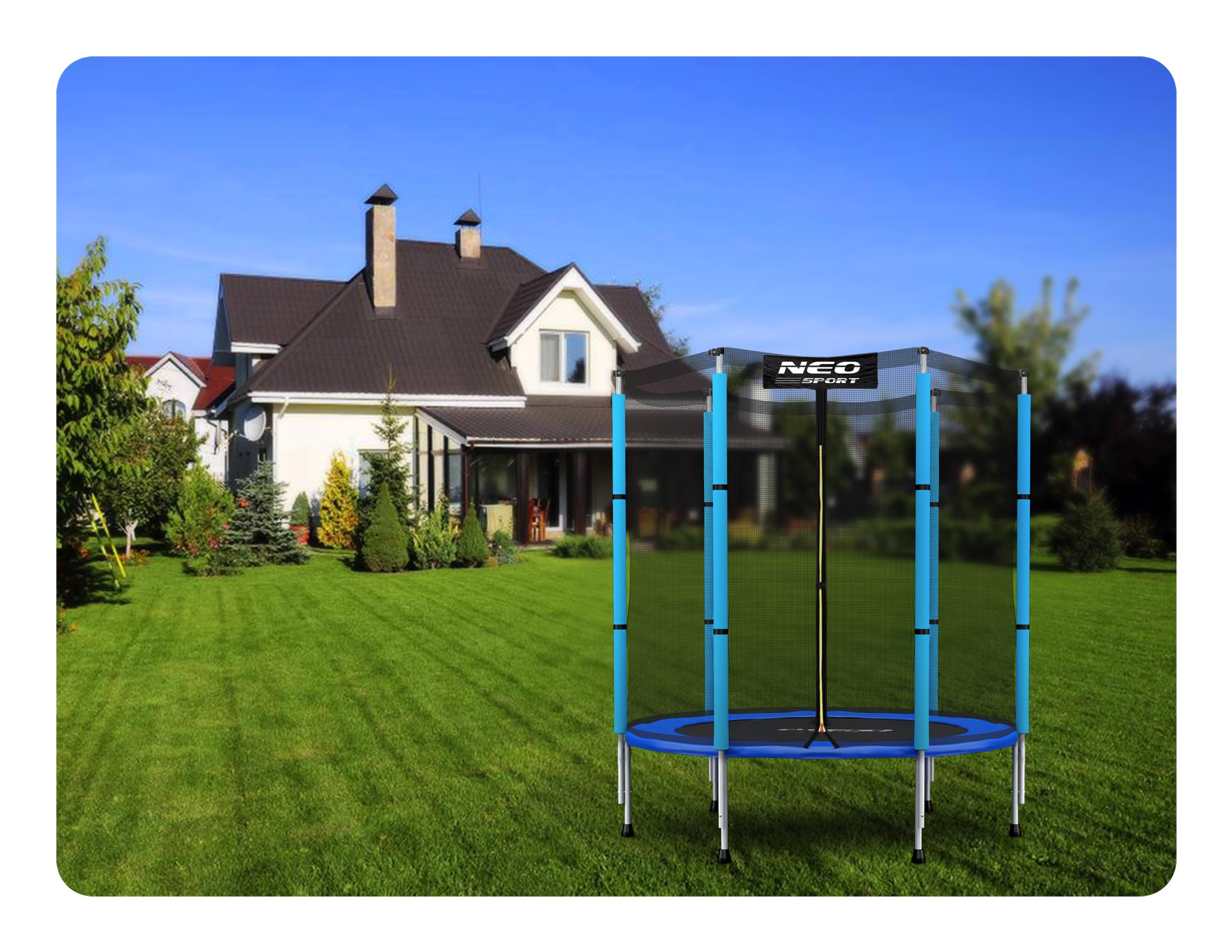 Neo-Sport Trampolin Outdoor Kinder Kleine Gartentrampolin Sicherheitsnetz Außen Leiter Gepolsterte Stangen Wetterfest Rostfrei Blau Schwarz