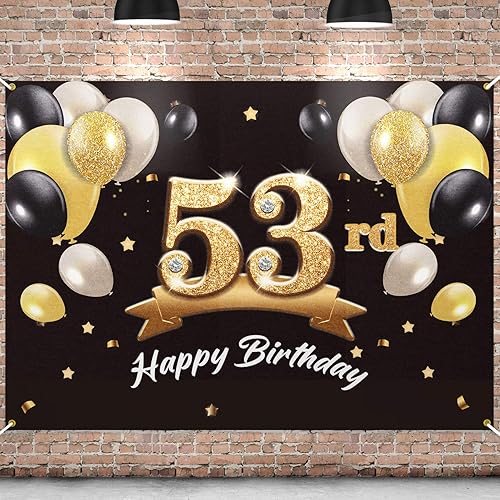 Telón de fondo de pancarta de feliz cumpleaños 53, suministros de decoración de fiesta de cumpleaños 53 para hombres, color negro y dorado, 4 x 6