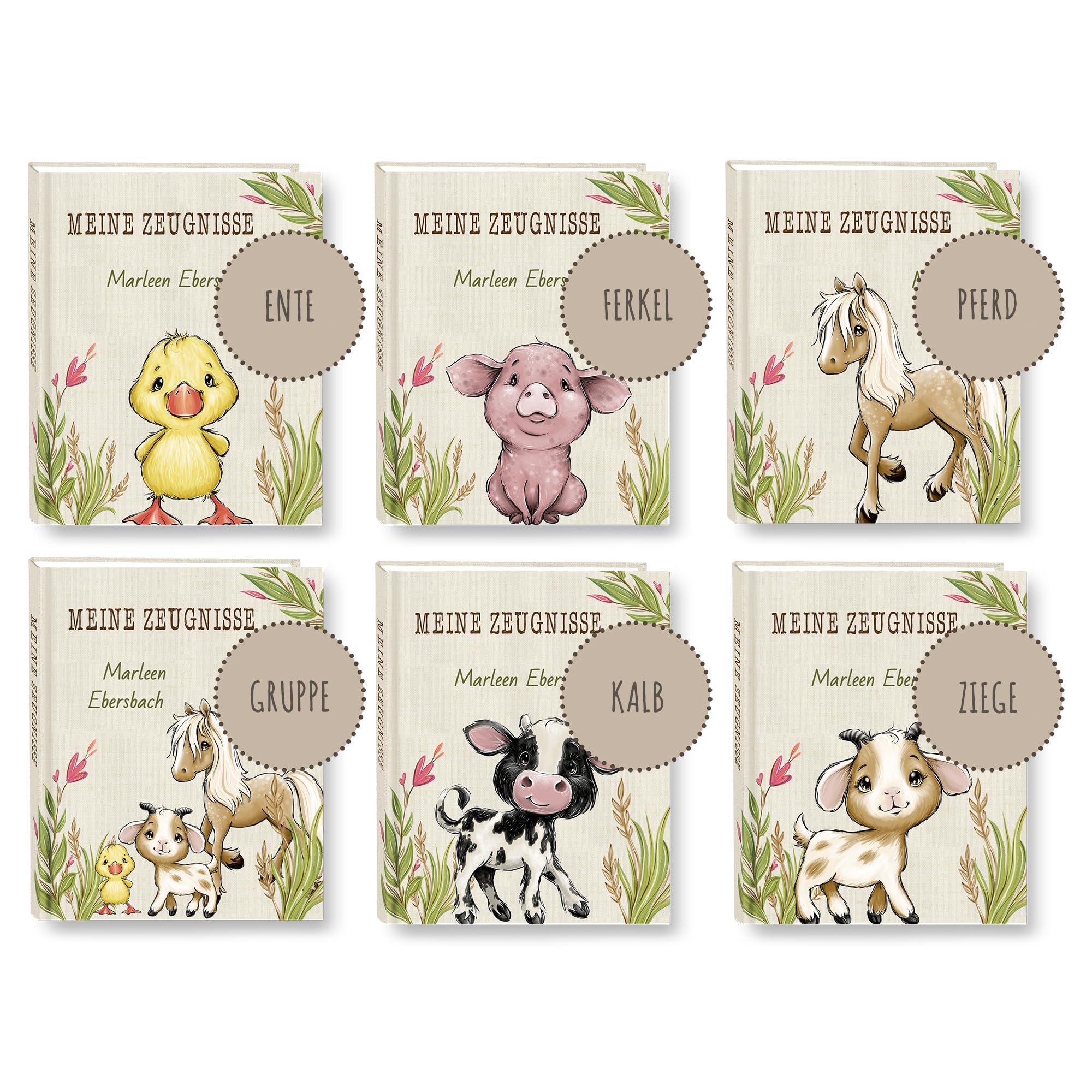 Zeugnismappe personalisiert Farm in 6 Motiven A4 ca. 31x24 cm Zeugnisbuch Urkundenmappe Einschulung Schulanfang Pferd Ente Kuh Ziege Ferkel
