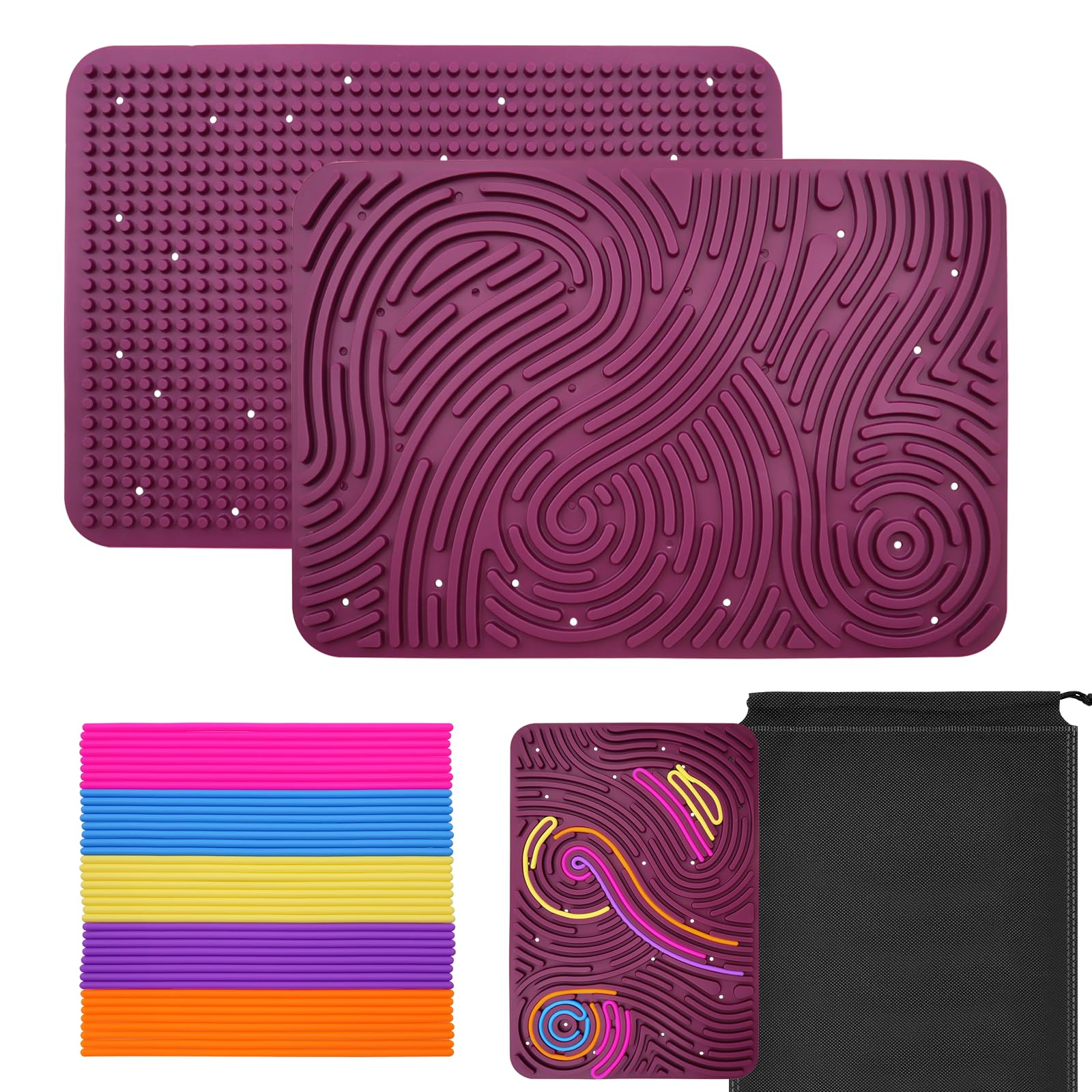 OMJMYY Sensory Activity Board 29.5 x 20 cm Silicone Fidget Toy Push Peel Sensory Board with Travel Bag & 40 Strings Silicone for Kids 3+ & Adults Calming Stress Anxiety ADHD & Autism(Dark Red)