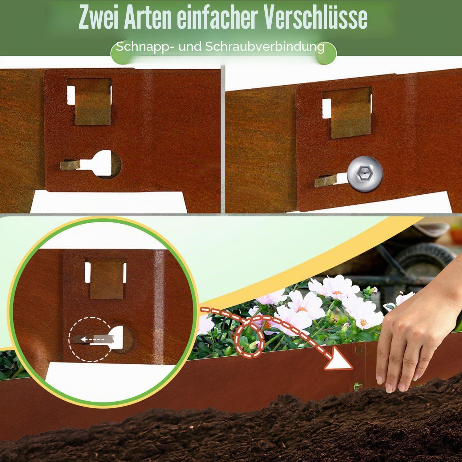 Rasenkante Metall Mähkante mit Dornen, 100x15cm Rasenkanten Flexible Beetumrandung Rostbeständige, Mähkante Wetterfest, Rostfarbe 10 Stücke (Länge 10m - Höhe 15cm)