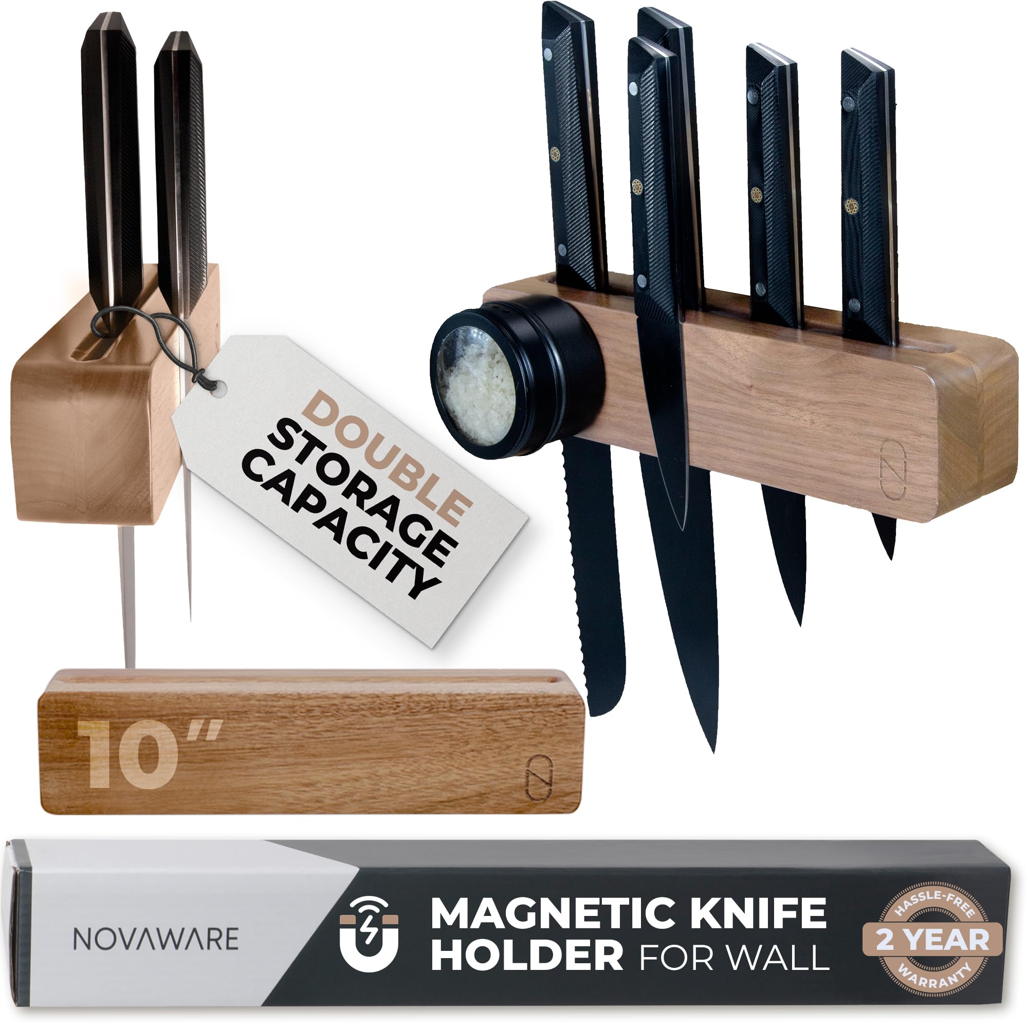 Premium 10 inch Magnetic Knife Holder for Wall with 2x Storage & Charming Wood - Knife Magnetic Strip, Under Cabinet Magnet Knives Storage - Magnet Strip Rack Kitchen Utensil Holder Organizer Tool