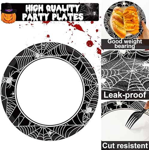 Miniatura 4 de 50 platos y servilletas de fiesta de telaraña de Halloween, suministros para fiesta, juego de vajilla de fiesta de telaraña, blanco y negro,