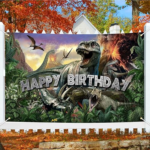 Miniatura 7 de Avezano Telón de fondo de cumpleaños de dinosaurio jurásico con temática de dinosaurio jurásico, pancarta de feliz cumpleaños, decoraciones de