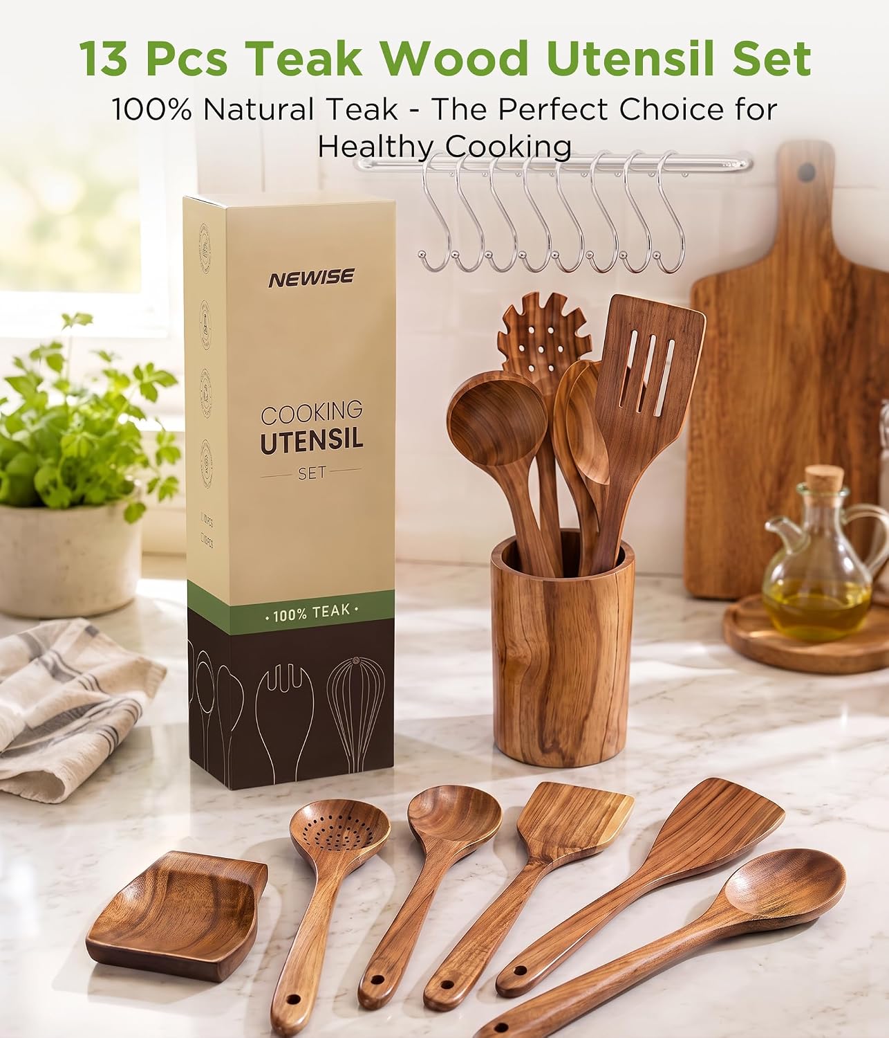 Wooden Utensil Set - 13 Pcs Teak Wooden Spoons for Cooking