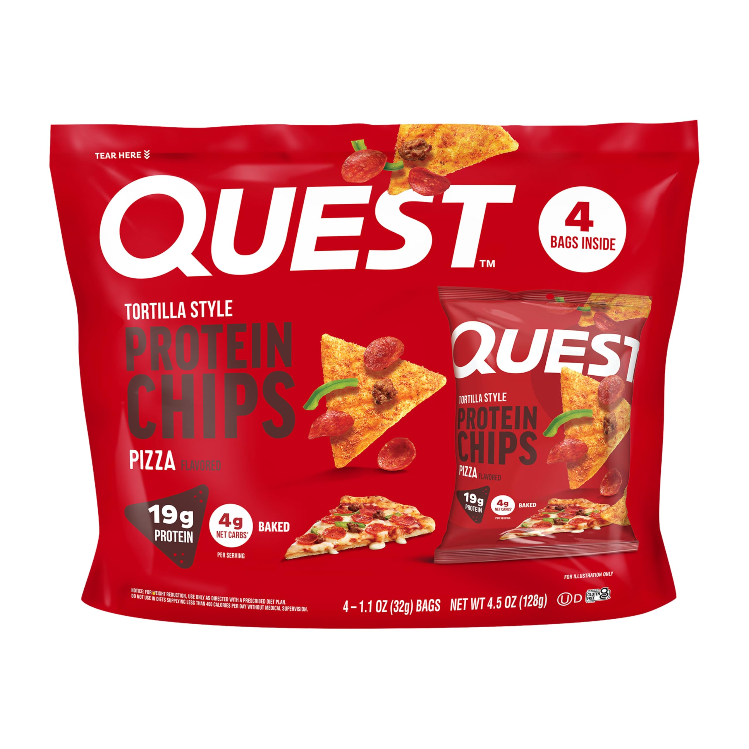 Quest Nutrition Pizza Tortilla Style Protein Chips, 4 Count | 19g Protein, 4g Net Carbs, Gluten Free, Crunchy Baked Chips, Savory Pizza Flavor, Individual 1.1oz Bags