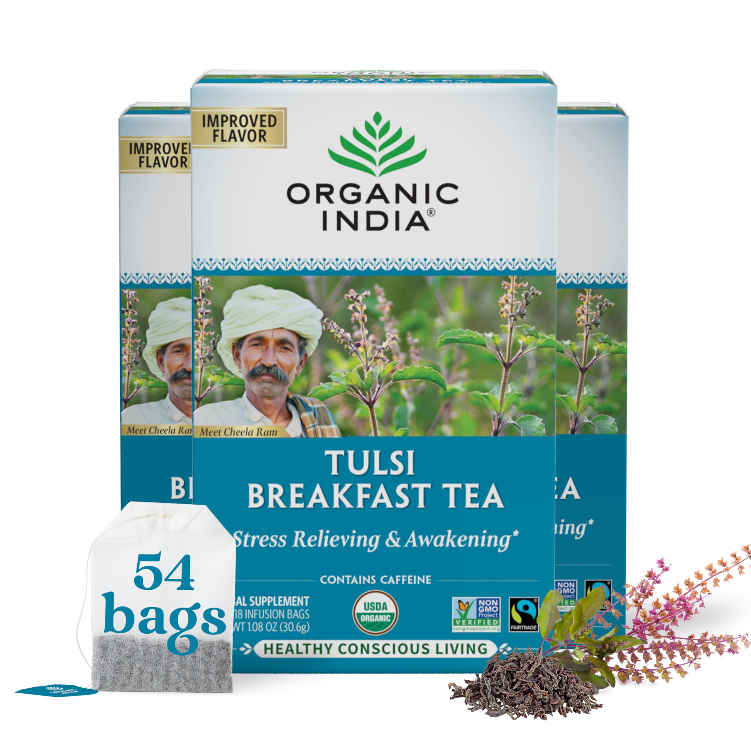 ORGANIC INDIA Tulsi Breakfast Herbal Tea - Black Tea, Holy Basil, Relieve Stress & Energize, USDA Organic, Non-GMO, Caffeinated - 18 Bags, 3 Pack
