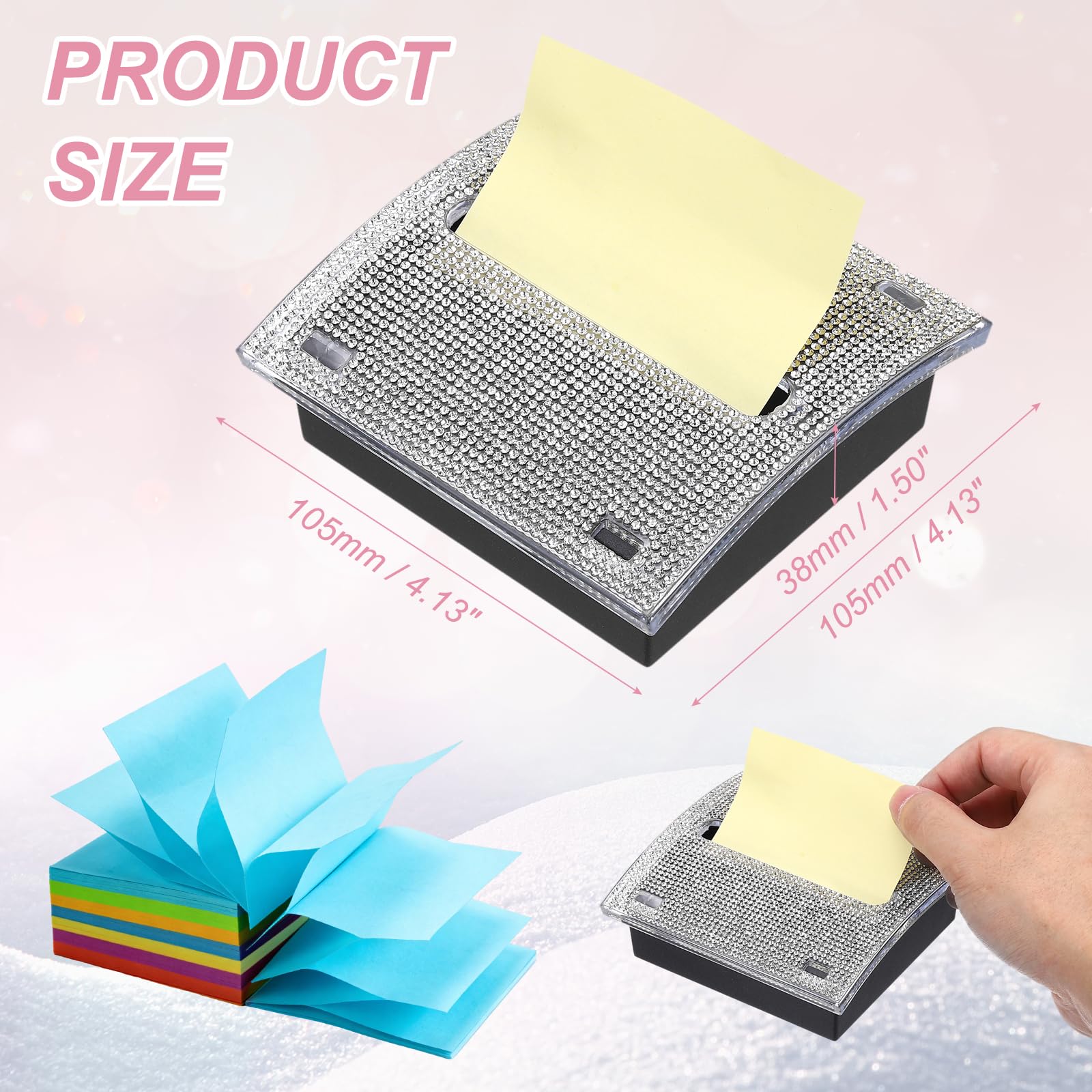 PATIKIL Stick Note Pad Holders, 4 x 4 Inches Rhinestone Sticky Note Dispenser Memo Pad Holder Office Desk Organizer Supplies for Office Home Desk Organization, Silver - Image 2