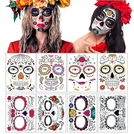 Temporary Face Tattoo, 8 Kits Tattoos Sugar Skull Stickers Day of The Dead Makeup, Face Tattoo Rose Design for Halloween, Masquerade and Parties
