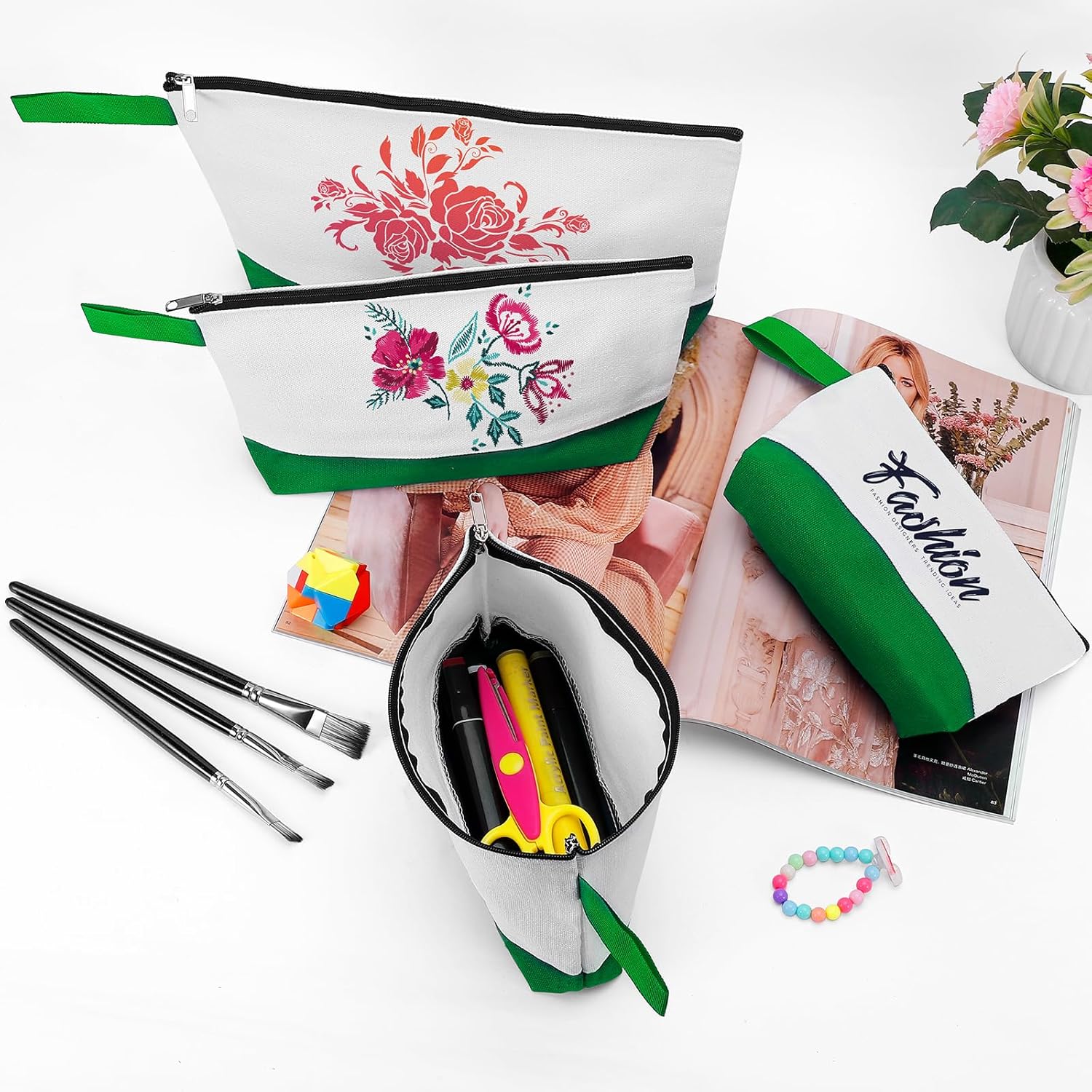 10 Pieces Cotton Canvas Makeup Bag with Bottom and Strap, Multi-Purpose Cosmetic Bag with Zipper Travel Toiletry Pouch, Blank DIY Craft Bag (White&Green, S) - Image 3