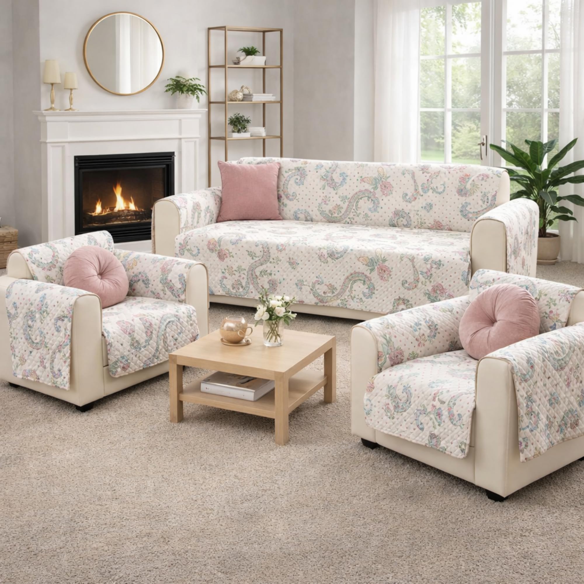 Outlay Home Quilted Sofa Cover 5 Seater | Sofa Cover with Pockets | Microfiber Sofa Cover | 3+1+1 Seater Sofa Cover with Pockets | Sofa Protector Cover for Living Room (Off White Desert Flowers)