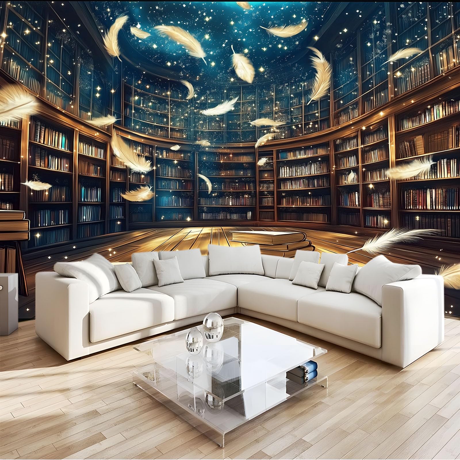 Fototapete Vlies Tapete Digitale Kunst Magische Bibliothek Bücher Federn 400 x 280 cm 3D Effekt Wandbild Vlies Wandtapete Moderne Wohnzimmer Mural Schlafzimmer Kinderzimmer TV Hintergrund Wand