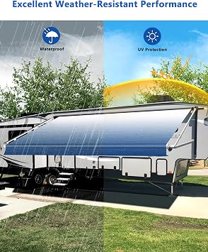 RV Awning Fabric Replacement, 19.5oz Heavy-Duty Weatherproof Vinyl Camper Awning Replacement Universal Outdoor Canopy for RV, Motorhome (Sapphire Blue Fade, 11'(Fabric 10'2))