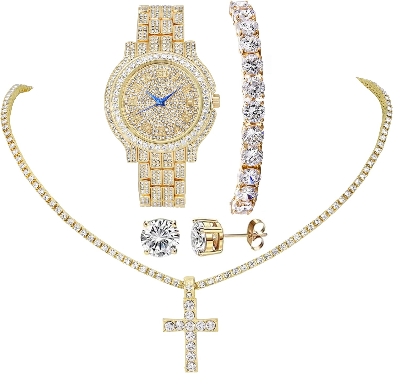 Women's Iced out Watches with Diamond Stud Earrings and Flawless blinged out Cross Tennis Necklace & Bracelet - 4pc Cross Set