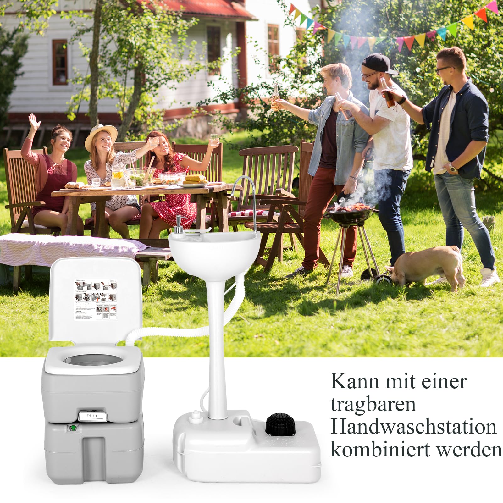 GYMAX 10+20 L Campingtoilette, tragbare Reisetoilette bis 200 kg belastbar, Mobile Toilette mit Wassertank mit Füllstandsanzeige & Auslaufschutz, Trenntoilette mit Griff für Camping & Reise, Grau