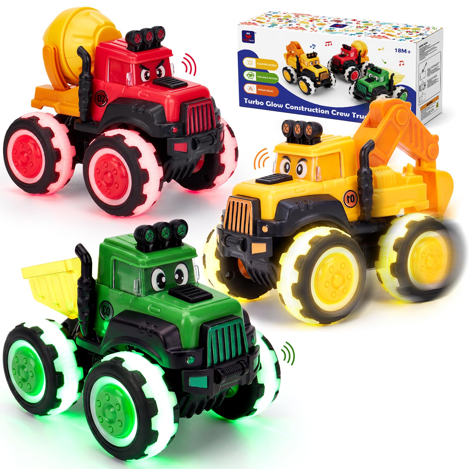 hahaland 3 Pack Glow Construction Monster Truck Toys with Lights & Sounds