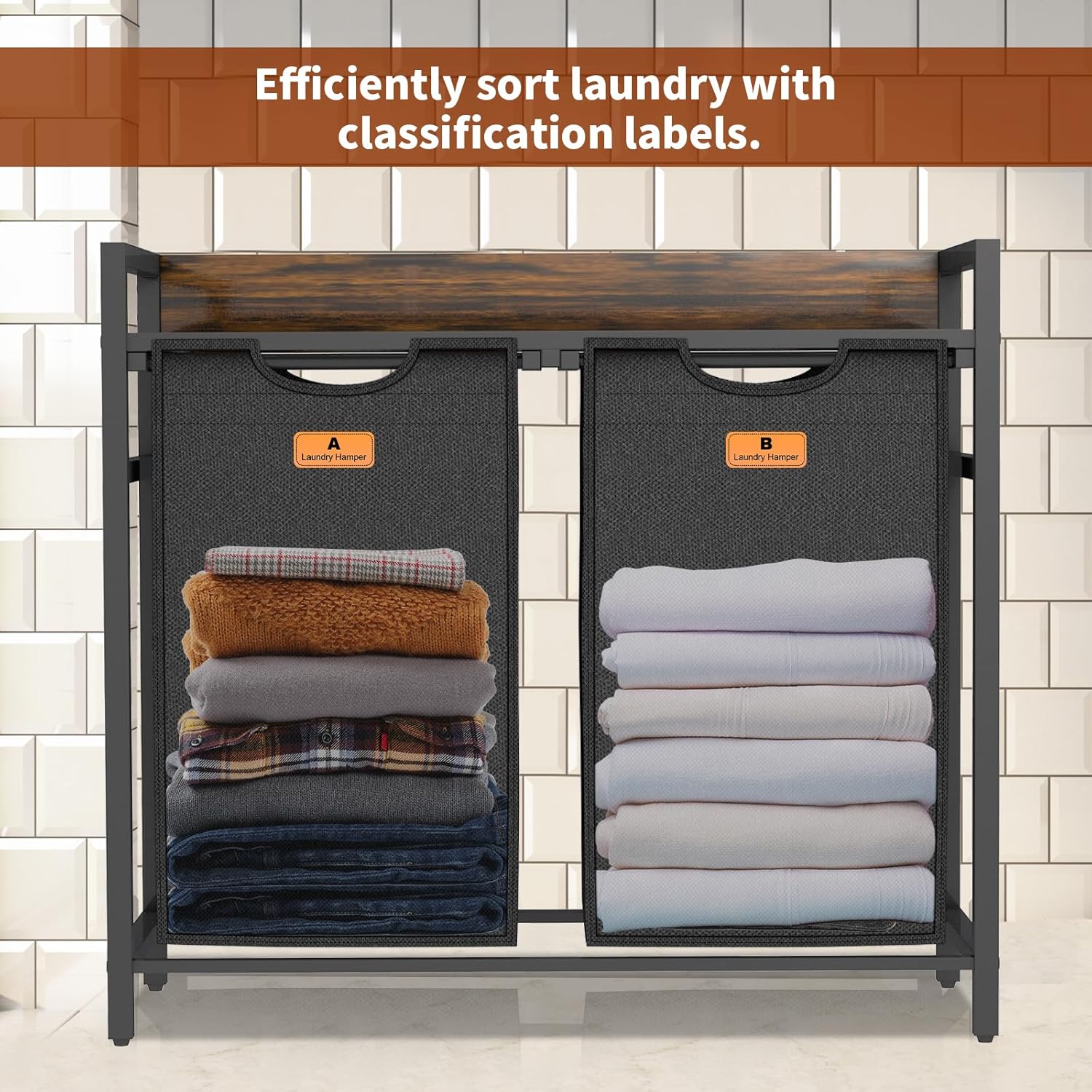 SZHLUX Laundry Hamper, Laundry Basket with Classification Labels and 2 Pull-Out, Removable Bags - 2 x 12.1 Gallon (46L), Rustic Brown and Black
