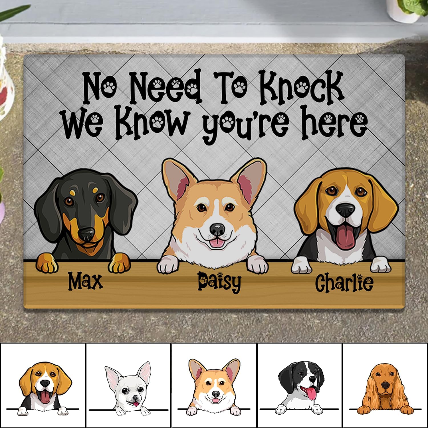 Personalized Welcome Doormat with Custom Dog Names – Cartoon Breed Illustrations – Durable Non-Slip Polyester Outdoor Rug Vibrant Fade-Resistant Colors – Ideal Housewarming Gift Indoor Sheltered Use