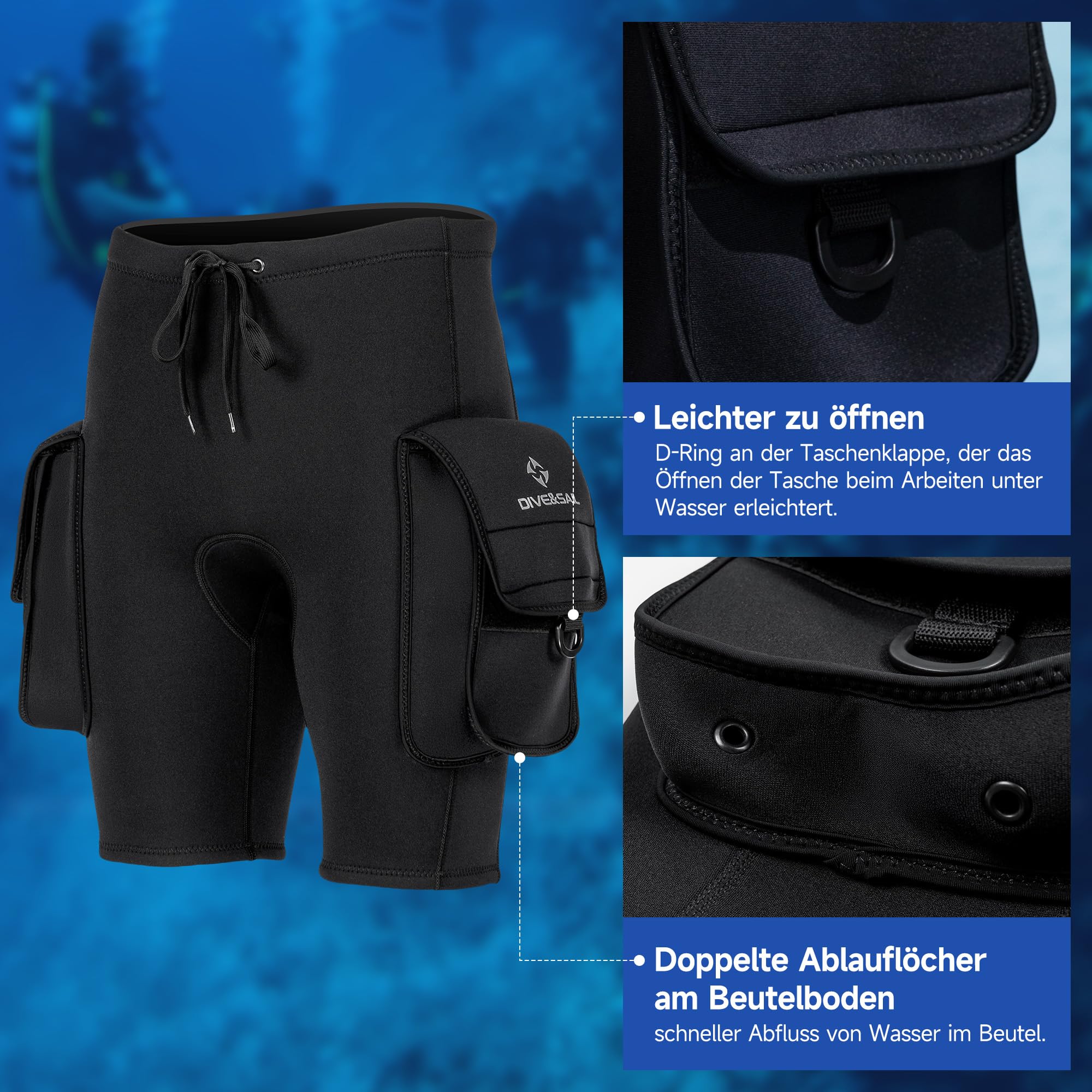 Pantalones cortos de buceo de neopreno de 3 mm para hombres con bolsillo ajustable para buceo, esnórquel, hombres, piragüismo