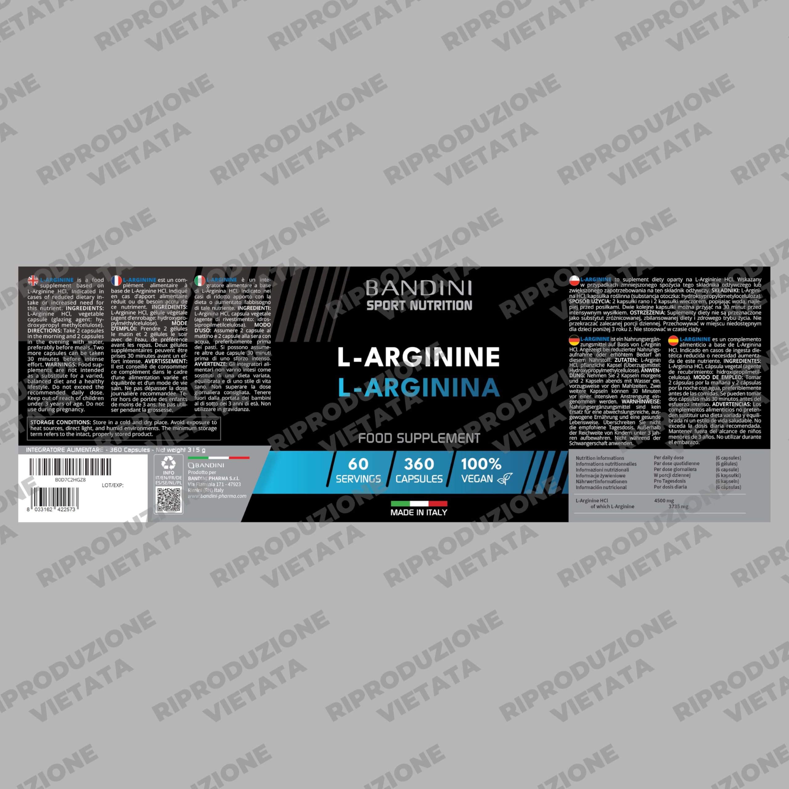 Bandini® L-Arginina 4.500 mg 360 Capsule Alto Dosaggio - Pura L-arginine HCL - Integratore Alimentare Sportivo senza Additivi non Necessari - Qualità Italiana - Alternativa a polvere o compresse