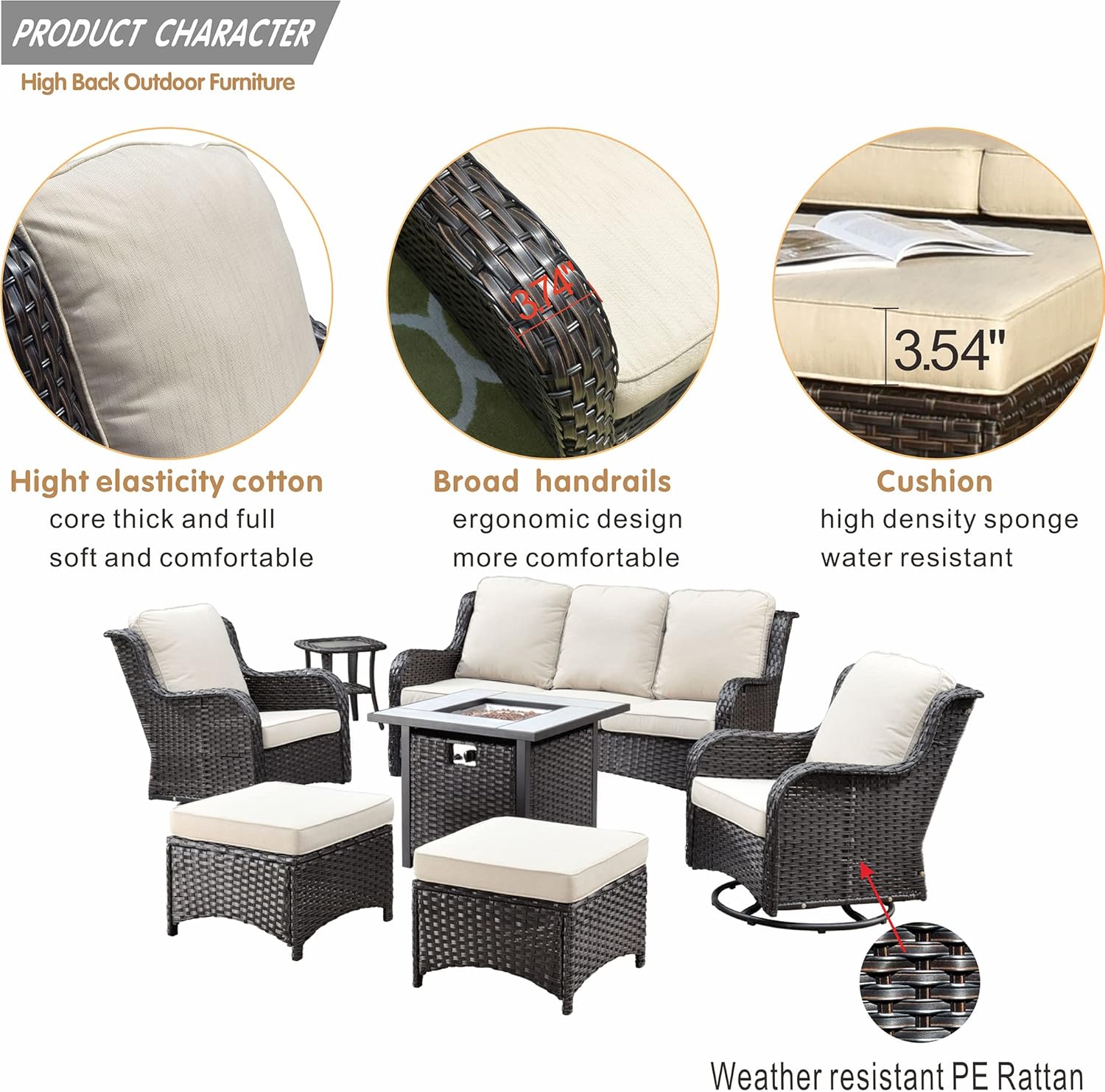 XIZZI Patio Furniture Sets 7 Pieces Outdoor Furniture All Weather Wicker Patio Conversation Sofa with 360 Degree Swivel Rocking Chairs Matching Side Table and Gas Fire Table,Brown Wicker Orange Red : Everything Else