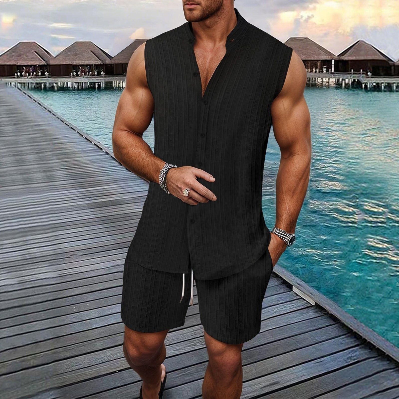 Générique Homme Ensemble 2 Pièce Casual Ensemble Survêtement Homme patte de boutonnage Chemise sans manches Bermuda Mode Confort Y2k Combinaison De Sport Pour Randonnée Et Jogging