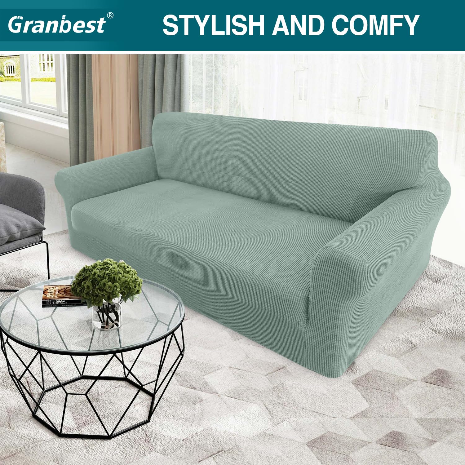 Granbest - Copridivano altamente elasticizzato, moderno, in tessuto jacquard, per soggiorno, funge da protezione per cani e animali domestici (3 posti, verde avocado)