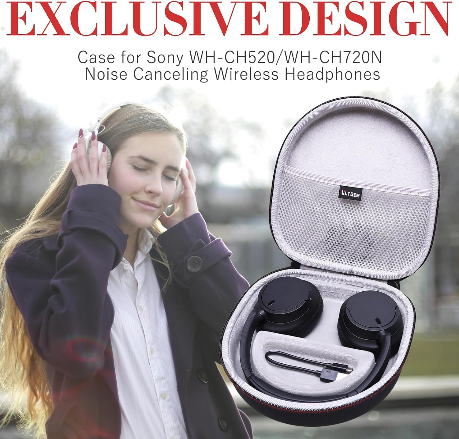 LTGEM Case Compatible with Sony WH-CH720N / WH-CH520 / WHCH710N / WH-CH510 Noise Canceling Wireless Headphones Bluetooth Over The Ear Headset, Black+Gray - Image 7
