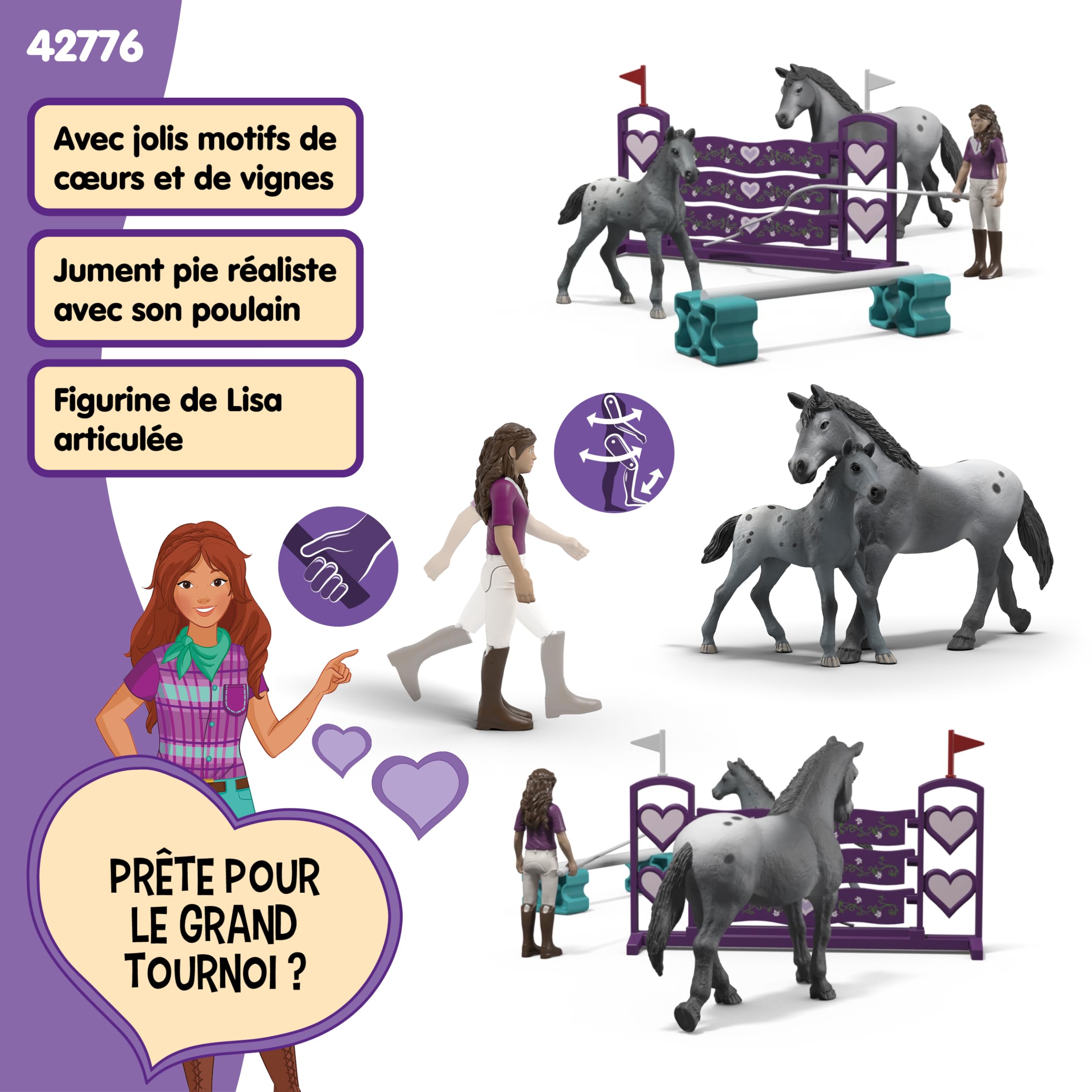 Schleich Horse Club | L’entraînement de Lisa au Tournoi 42776 | Coffret avec Cheval, Poulain, Figurine articulée Lisa, Obstacles & Accessoires d’équitation | Jouet Chevaux dès 5 Ans | 7 pièces
