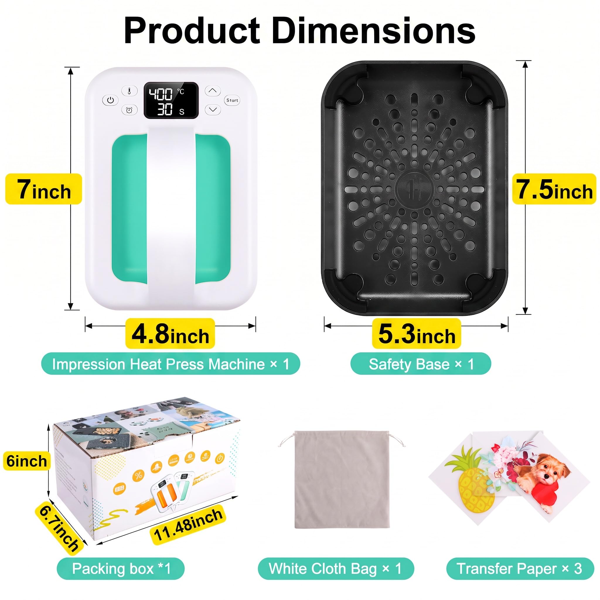Prensa de calor para camisetas, 17,8 x 12,2 cm, portátil, calentamiento rápido, con función de temporizador y base aislada, para camisetas, bolsos, almohadas, delantales y más (verde)