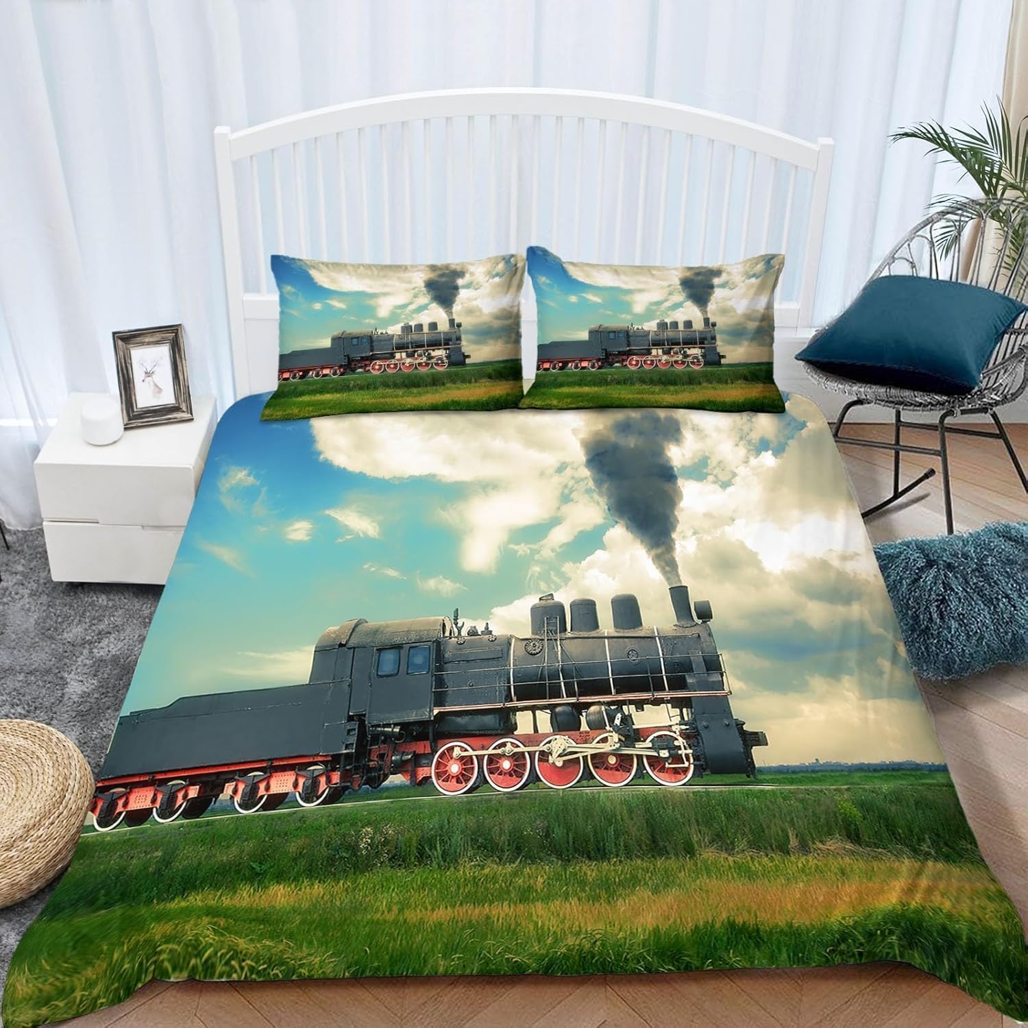 Komplet pościeli 220 x 240 cm, czarny pociąg, miękka pościel z mikrofibry, poszewka na kołdrę z nadrukiem 3D, naturalny krajobraz, 3-częściowy komplet pościeli z zamkiem błyskawicznym i 2 poszewki na