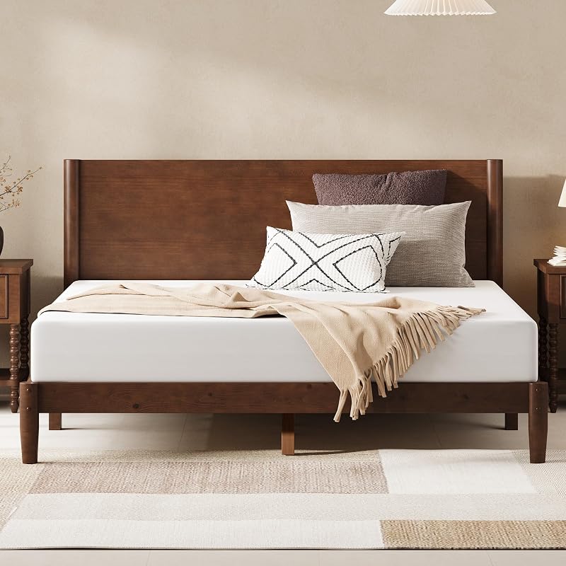 AMERLIFE Solid Wood Queen Bed Frame, Mid Century Bed with Headboard, Walnut