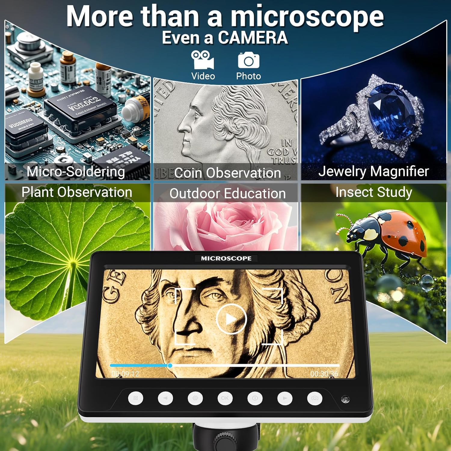 Coin Microscope for Error, 7'' LCD Magnifying Glass with Light, 1200X & 1080P Soldering Microscope, 32GB Coin Magnifier with 8 Adjustable LED Lights, Cool Gadgets Microscopes for Coins, Jewelry