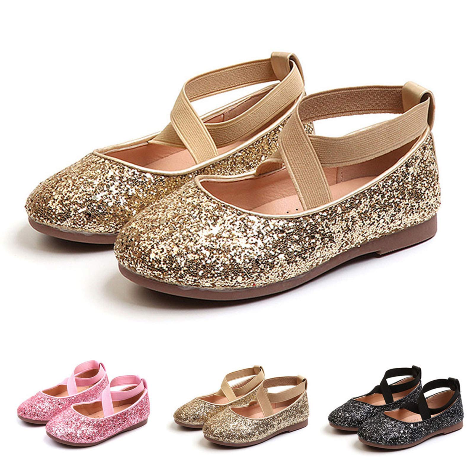 RNTOP Girls Glitter Ballet Sandals Flat Dress Shoes Toddler Kids Mary Jane Sequins Princess Shoes Party Dance Fashion Shoes (Gold, 10 Little Kid)