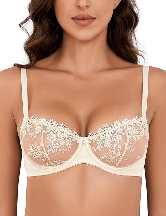 Wingslove Women's Sexy Lace Bra Demi Sheer Mesh Balconette See Through Bralette Unlined Underwire Embroidered