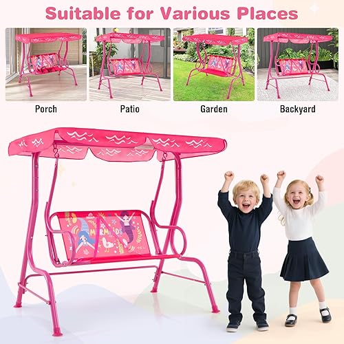 Miniatura 5 de HONEY JOY Columpio para patio para niños, columpio de 2 plazas para porche al aire libre, con toldo ajustable y cinturón de seguridad, columpio
